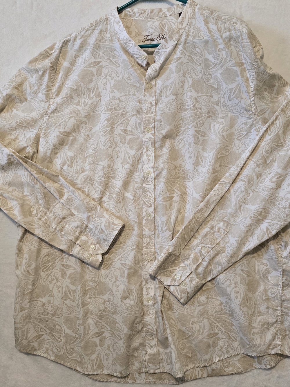 Tasso Elba Neutral Paisley Lightweight Button Up Shirt Beige & White